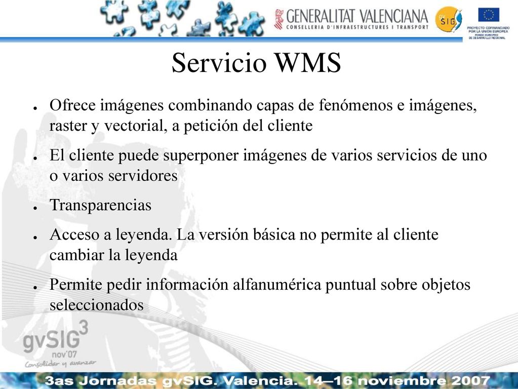 Servicio WMS Ofrece imágenes combinando capas de fenómenos e imágenes, raster y vectorial, a petición del cliente.