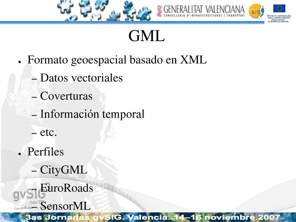 GML Formato geoespacial basado en XML Datos vectoriales Coverturas
