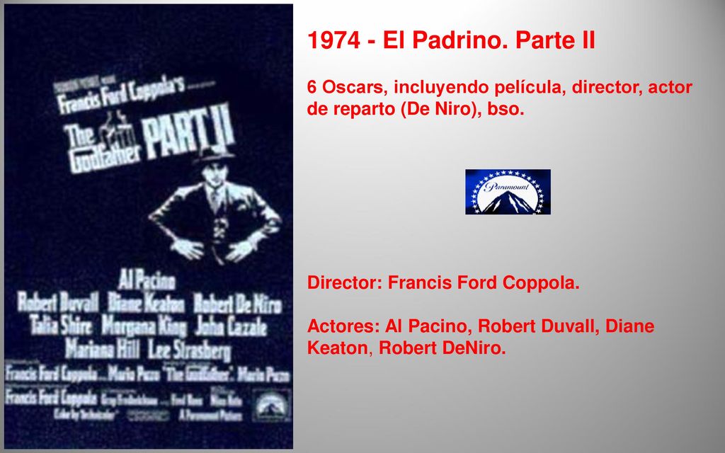 El Padrino. Parte II 6 Oscars, incluyendo película, director, actor de reparto (De Niro), bso.