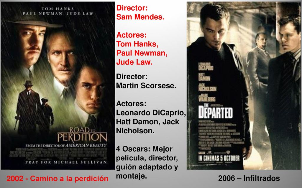 Director: Sam Mendes. Actores: Tom Hanks, Paul Newman, Jude Law. Director: Martin Scorsese. Actores: