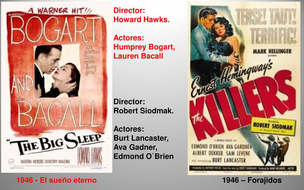 Director: Howard Hawks. Actores: Humprey Bogart, Lauren Bacall. Robert Siodmak. Burt Lancaster,