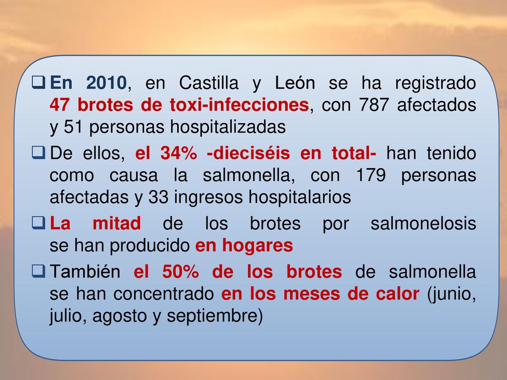 En 2010, en Castilla y León se ha registrado 47 brotes de toxi-infecciones, con 787 afectados y 51 personas hospitalizadas