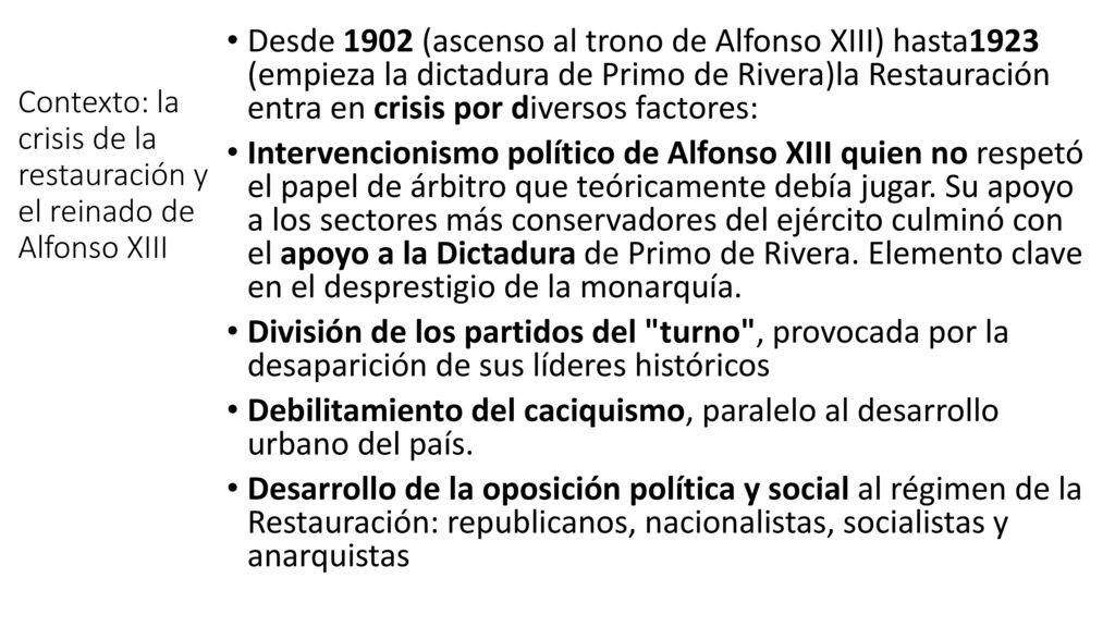 Contexto: la crisis de la restauración y el reinado de Alfonso XIII