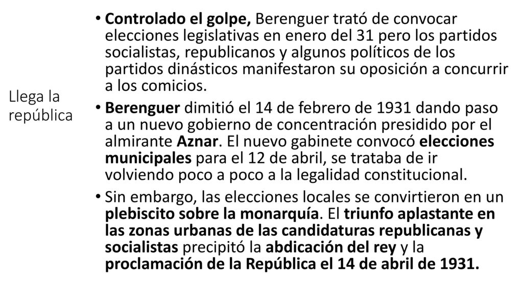 Controlado el golpe, Berenguer trató de convocar elecciones legislativas en enero del 31 pero los partidos socialistas, republicanos y algunos políticos de los partidos dinásticos manifestaron su oposición a concurrir a los comicios.