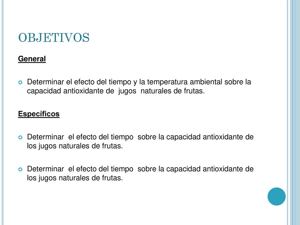 objetivos General. Determinar el efecto del tiempo y la temperatura ambiental sobre la capacidad antioxidante de jugos naturales de frutas.