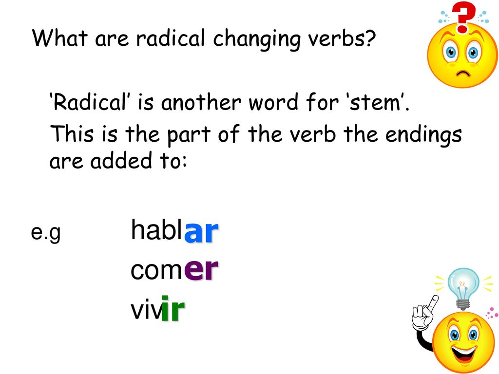 ar er ir com viv What are radical changing verbs