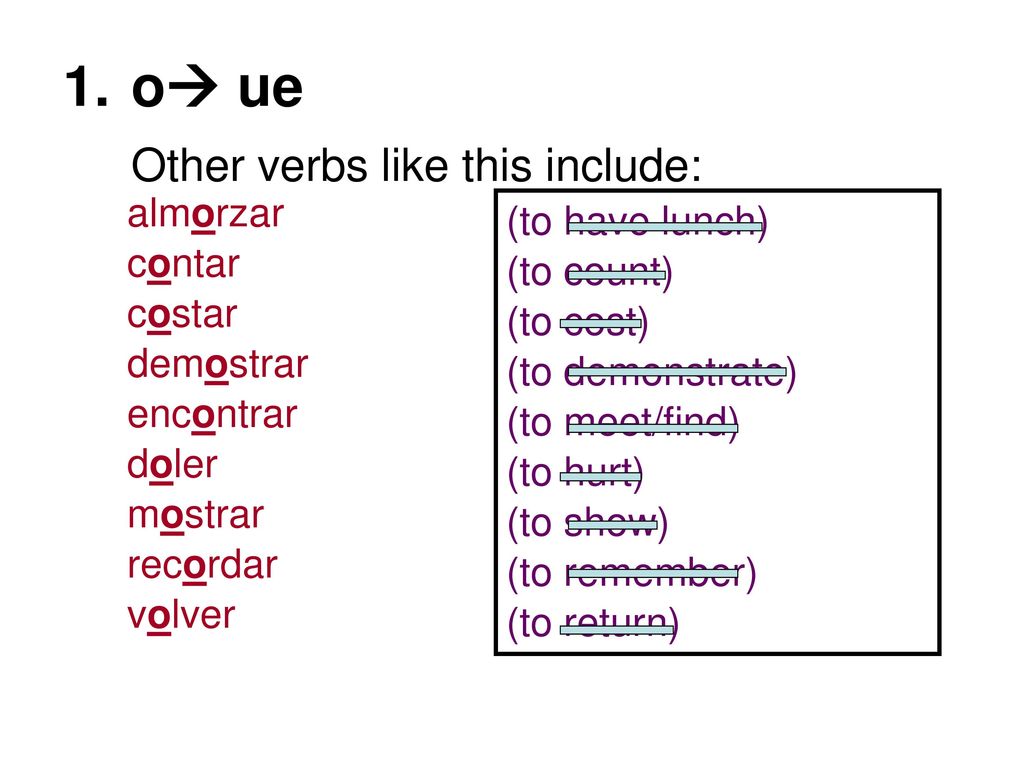1. o ue Other verbs like this include: almorzar (to have lunch)