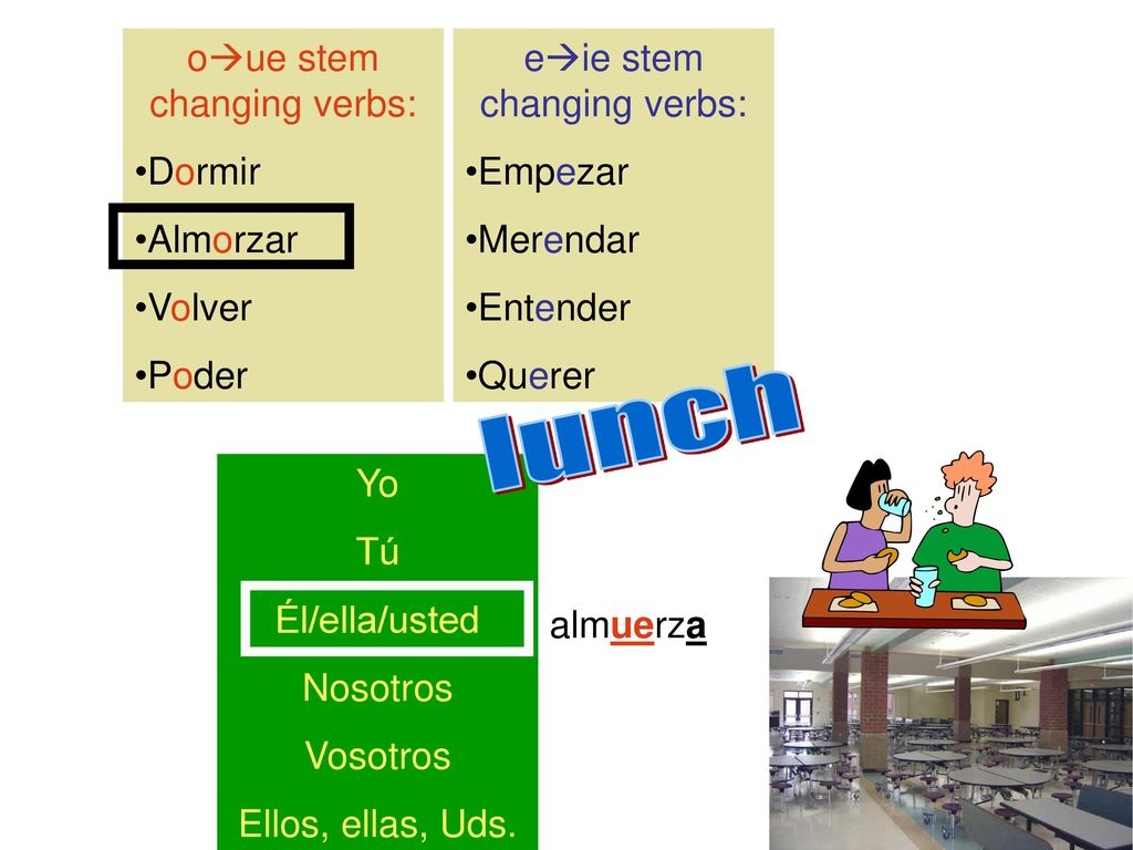 lunch oue stem changing verbs: Dormir Almorzar Volver Poder