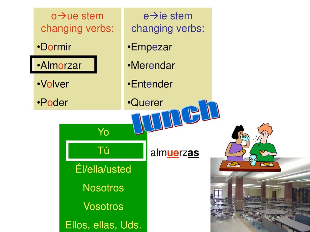 lunch oue stem changing verbs: Dormir Almorzar Volver Poder