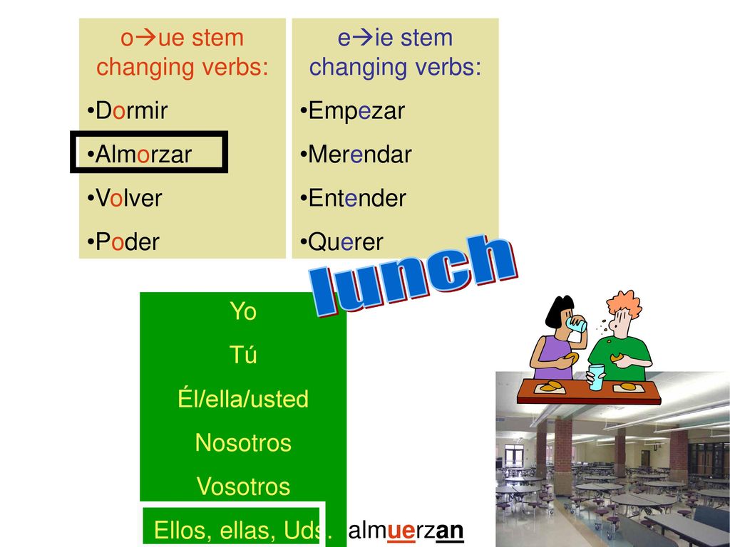 lunch oue stem changing verbs: Dormir Almorzar Volver Poder