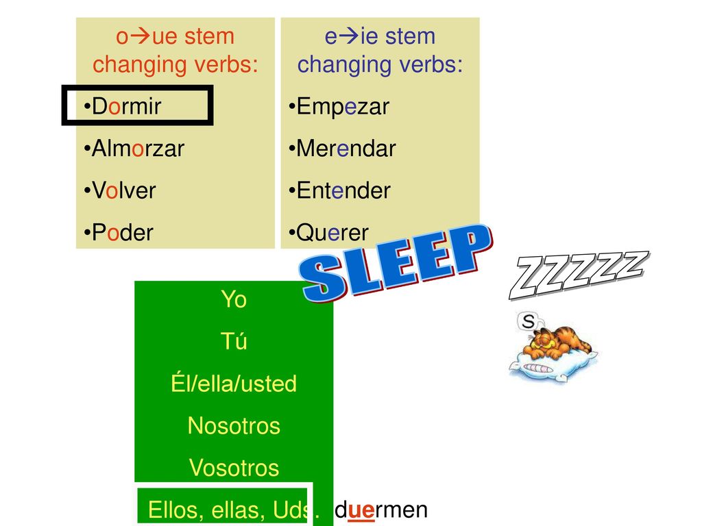 SLEEP ZZZZZ oue stem changing verbs: Dormir Almorzar Volver Poder