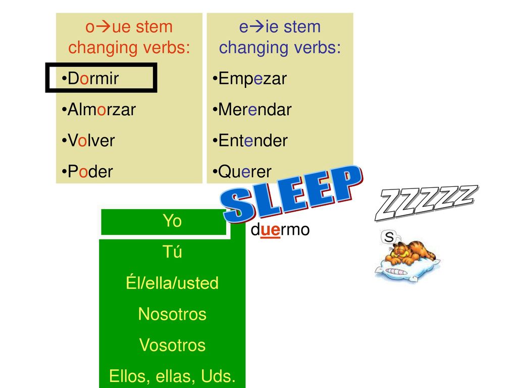 SLEEP ZZZZZ oue stem changing verbs: Dormir Almorzar Volver Poder