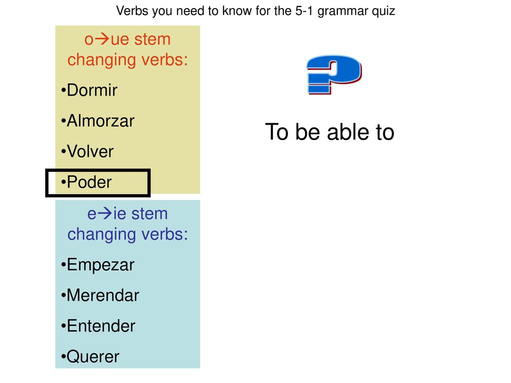 To be able to oue stem changing verbs: Dormir Almorzar Volver Poder