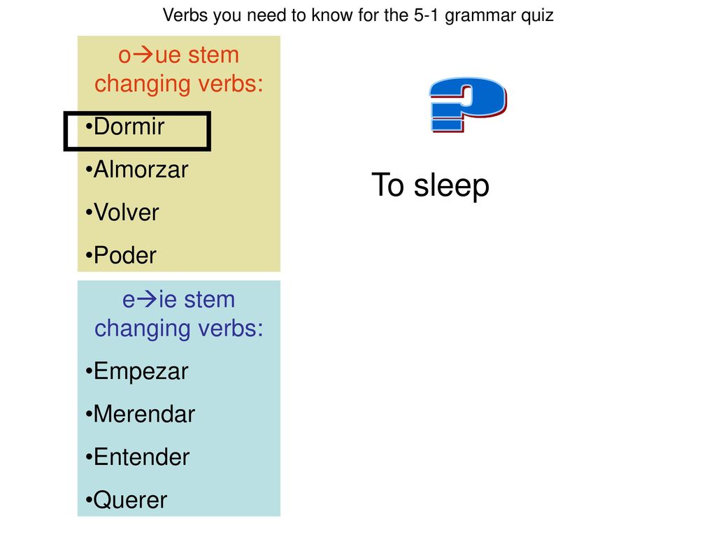 To sleep oue stem changing verbs: Dormir Almorzar Volver Poder