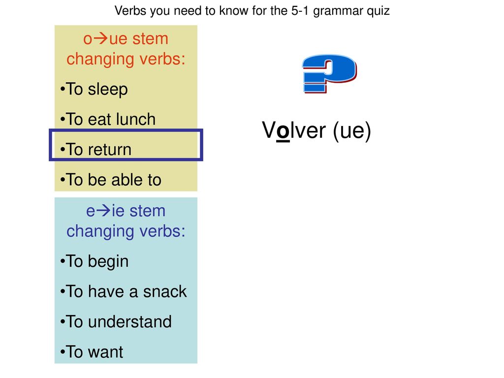 Volver (ue) oue stem changing verbs: To sleep To eat lunch