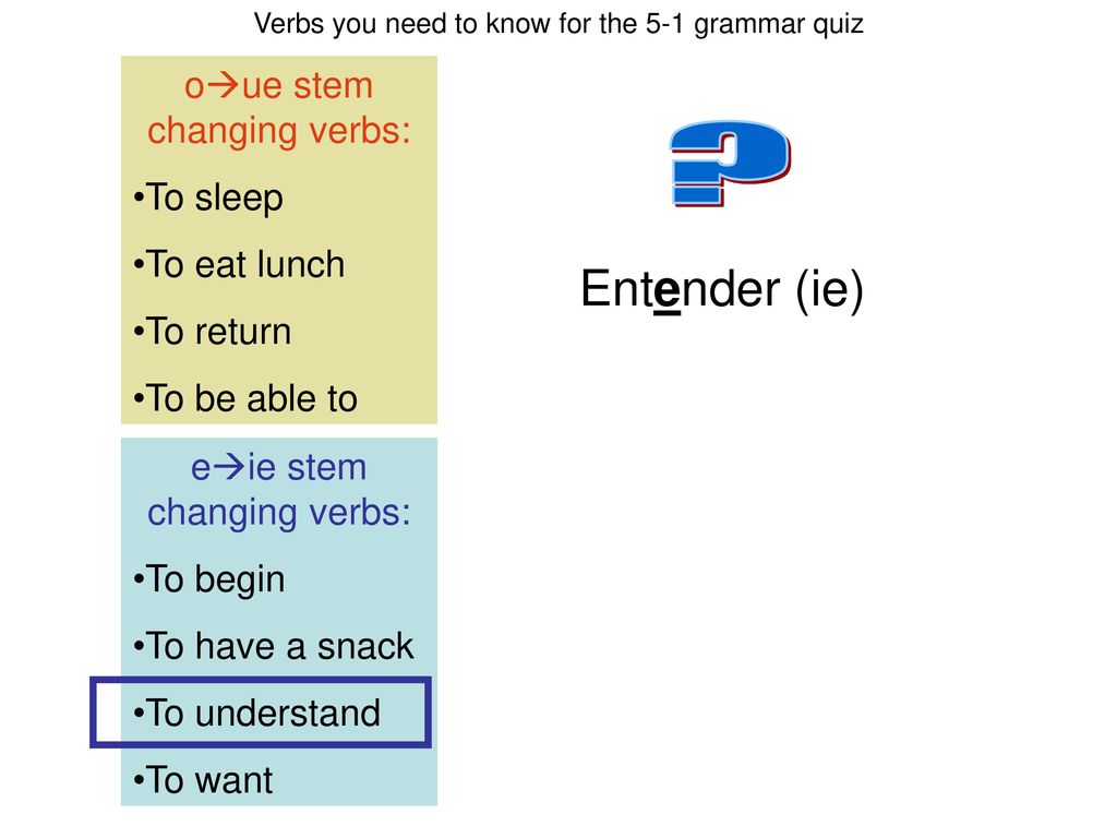 Entender (ie) oue stem changing verbs: To sleep To eat lunch