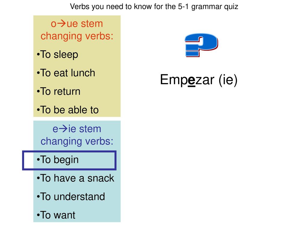 Empezar (ie) oue stem changing verbs: To sleep To eat lunch