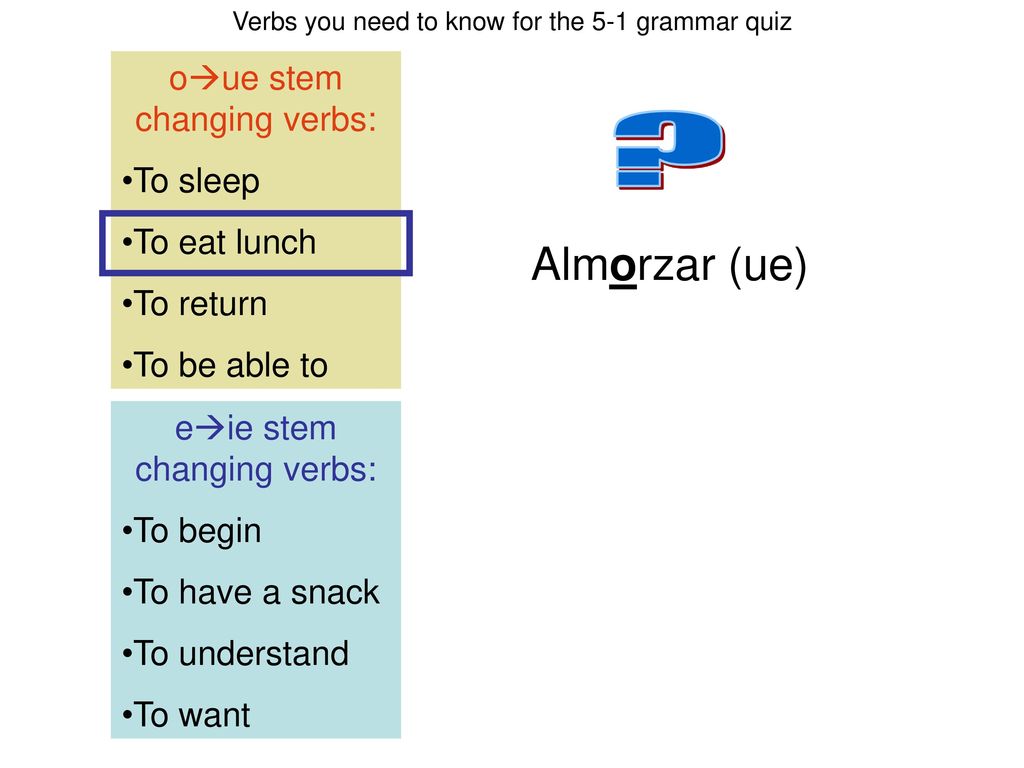 Almorzar (ue) oue stem changing verbs: To sleep To eat lunch