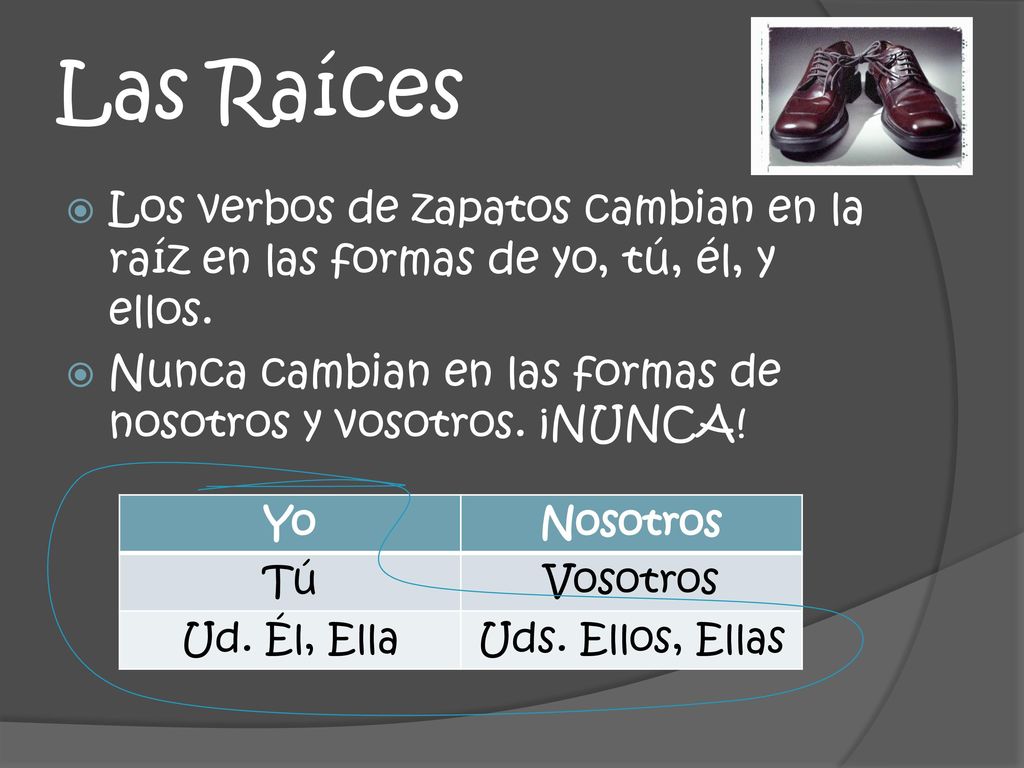 Las Raíces Los verbos de zapatos cambian en la raíz en las formas de yo, tú, él, y ellos.