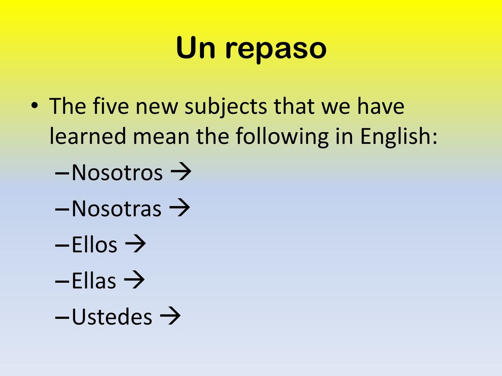 Un repaso The five new subjects that we have learned mean the following in English: Nosotros  Nosotras 
