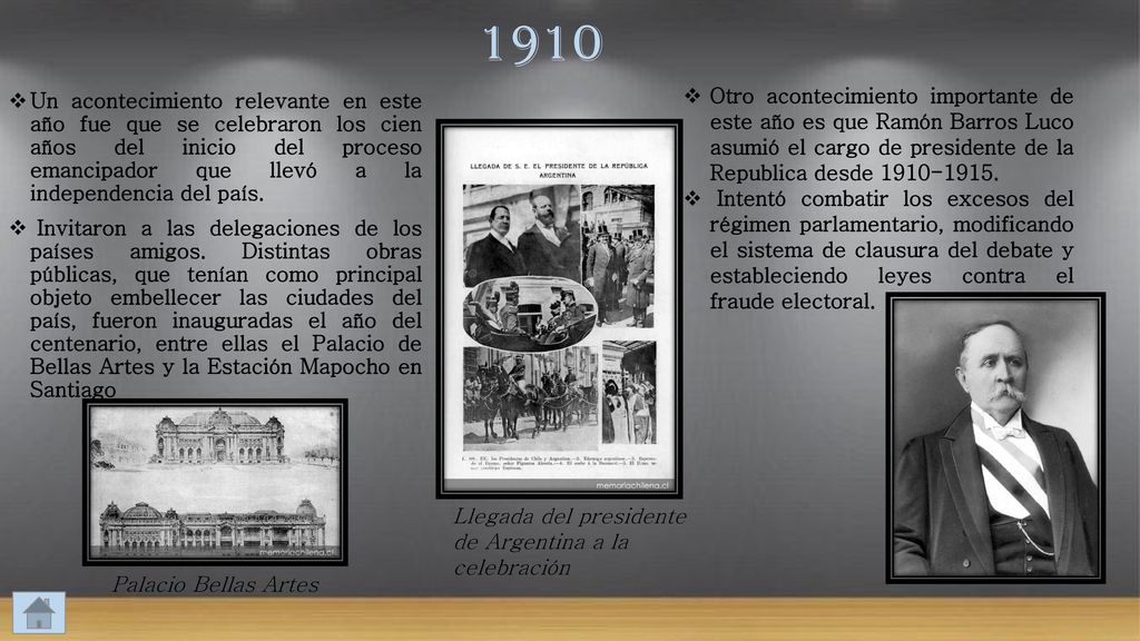 1910 Otro acontecimiento importante de este año es que Ramón Barros Luco asumió el cargo de presidente de la Republica desde