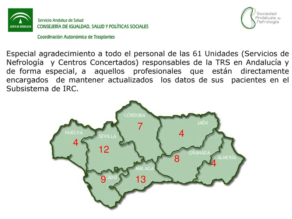 Especial agradecimiento a todo el personal de las 61 Unidades (Servicios de Nefrología y Centros Concertados) responsables de la TRS en Andalucía y de forma especial, a aquellos profesionales que están directamente encargados de mantener actualizados los datos de sus pacientes en el Subsistema de IRC.