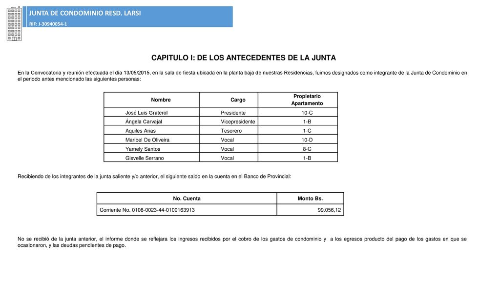 CAPITULO I: DE LOS ANTECEDENTES DE LA JUNTA Propietario Apartamento