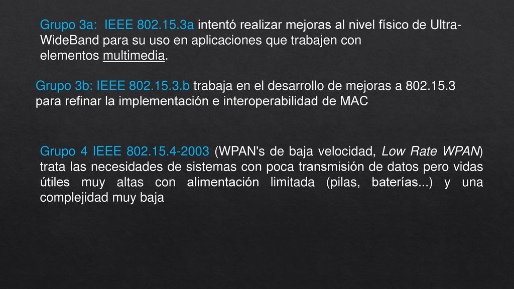 Grupo 3a: IEEE a intentó realizar mejoras al nivel físico de Ultra-WideBand para su uso en aplicaciones que trabajen con elementos multimedia.