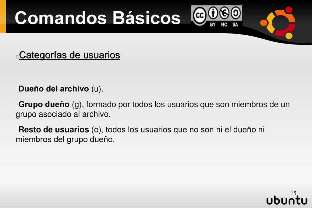 Comandos Básicos Categorías de usuarios Dueño del archivo (u).