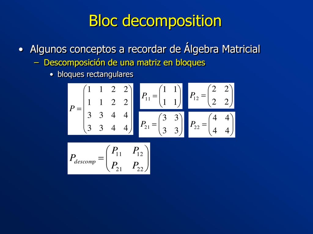 Bloc decomposition Algunos conceptos a recordar de Álgebra Matricial