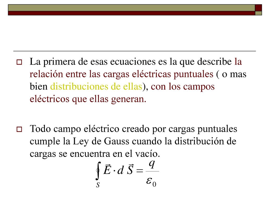 La primera de esas ecuaciones es la que describe la relación entre las cargas eléctricas puntuales ( o mas bien distribuciones de ellas), con los campos eléctricos que ellas generan.