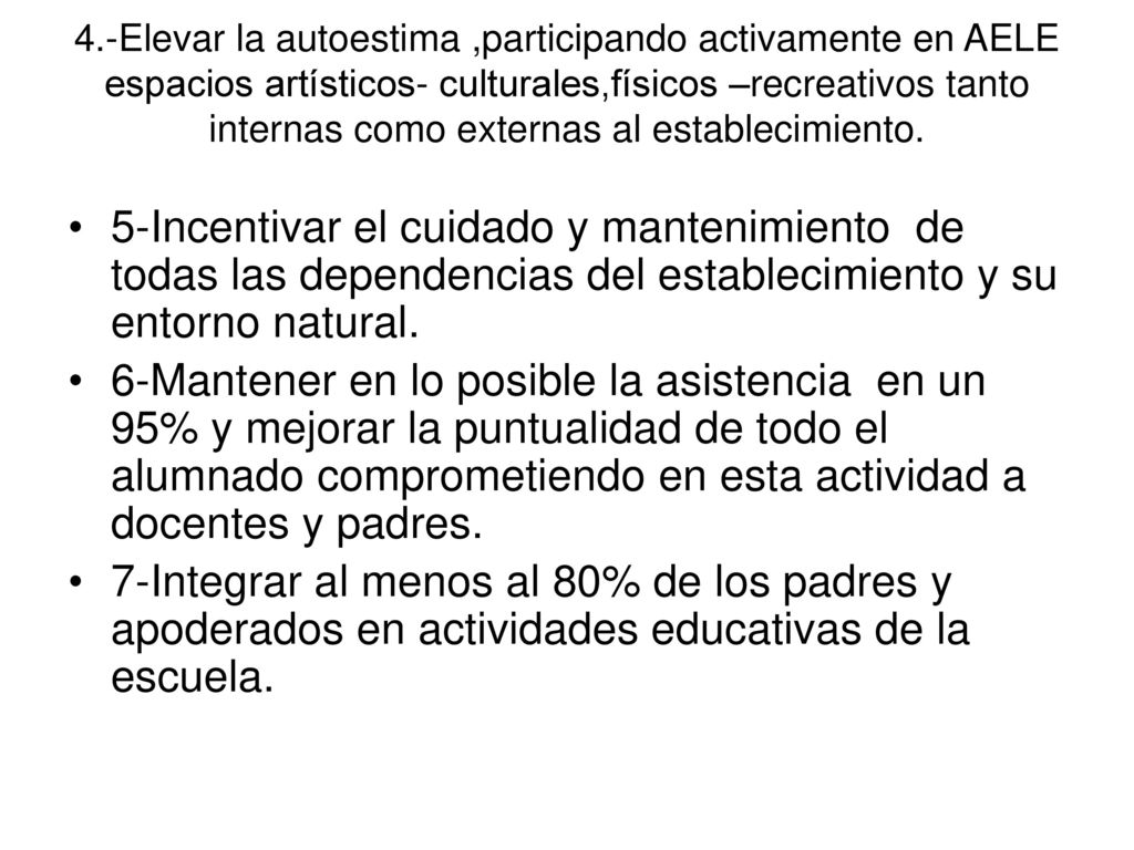 4.-Elevar la autoestima ,participando activamente en AELE espacios artísticos- culturales,físicos –recreativos tanto internas como externas al establecimiento.