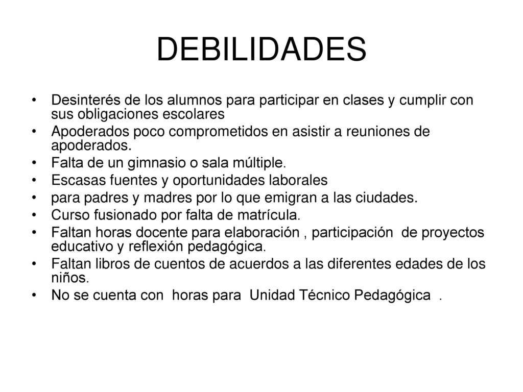 DEBILIDADES Desinterés de los alumnos para participar en clases y cumplir con sus obligaciones escolares.