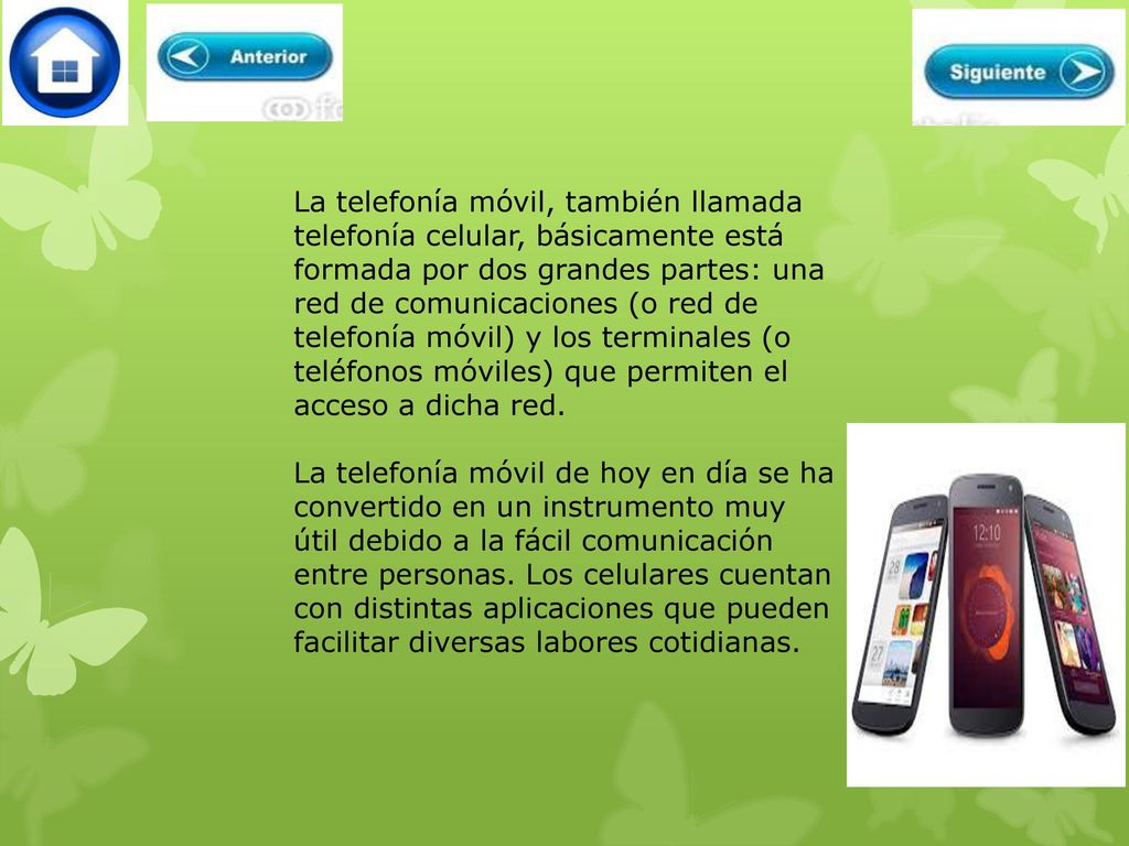 La telefonía móvil, también llamada telefonía celular, básicamente está formada por dos grandes partes: una red de comunicaciones (o red de telefonía móvil) y los terminales (o teléfonos móviles) que permiten el acceso a dicha red.