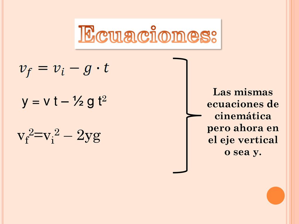 Ecuaciones: vf2=vi2 – 2yg y = v t – ½ g t2
