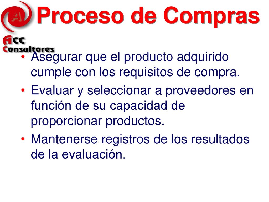 Proceso de Compras Asegurar que el producto adquirido cumple con los requisitos de compra.