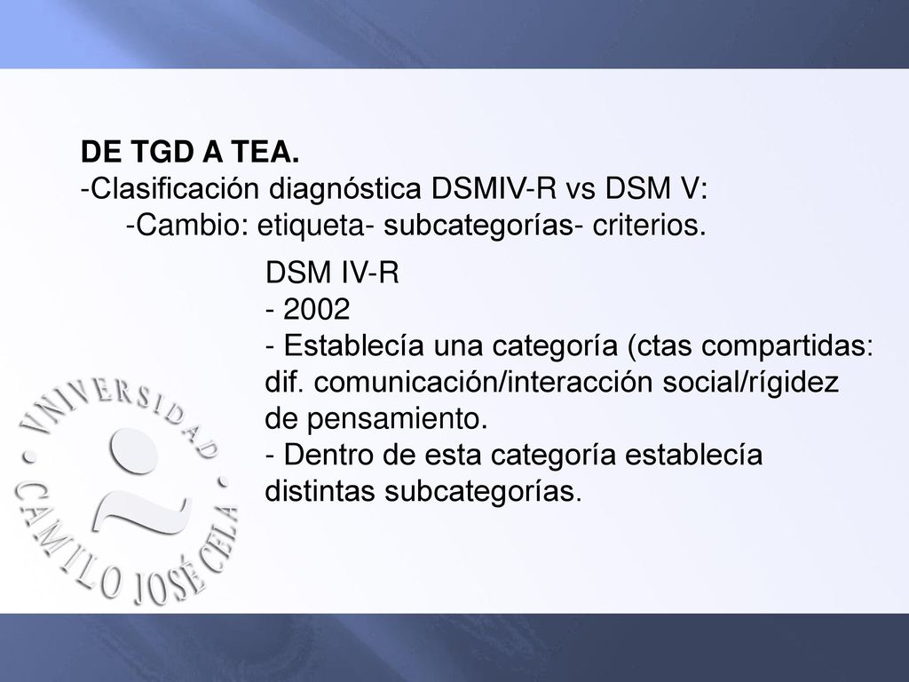 DE TGD A TEA. Clasificación diagnóstica DSMIV-R vs DSM V: Cambio: etiqueta- subcategorías- criterios.