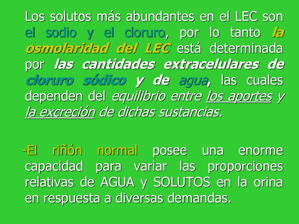 Los solutos más abundantes en el LEC son el sodio y el cloruro, por lo tanto la osmolaridad del LEC está determinada por las cantidades extracelulares de cloruro sódico y de agua, las cuales dependen del equilibrio entre los aportes y la excreción de dichas sustancias.