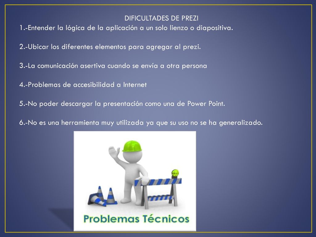 DIFICULTADES DE PREZI 1.-Entender la lógica de la aplicación a un solo lienzo o diapositiva.