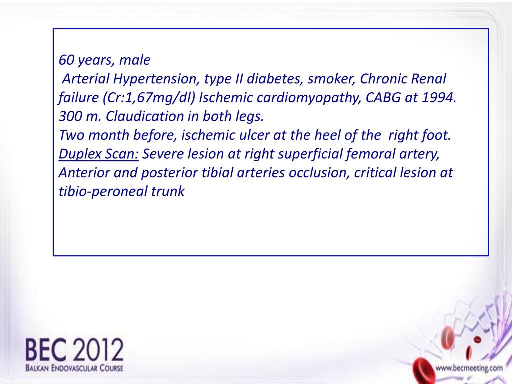 60 years, male Arterial Hypertension, type II diabetes, smoker, Chronic Renal failure (Cr:1,67mg/dl) Ischemic cardiomyopathy, CABG at 1994.