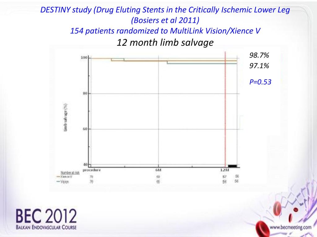 DESTINY study (Drug Eluting Stents in the Critically Ischemic Lower Leg (Bosiers et al 2011) 154 patients randomized to MultiLink Vision/Xience V 12 month limb salvage