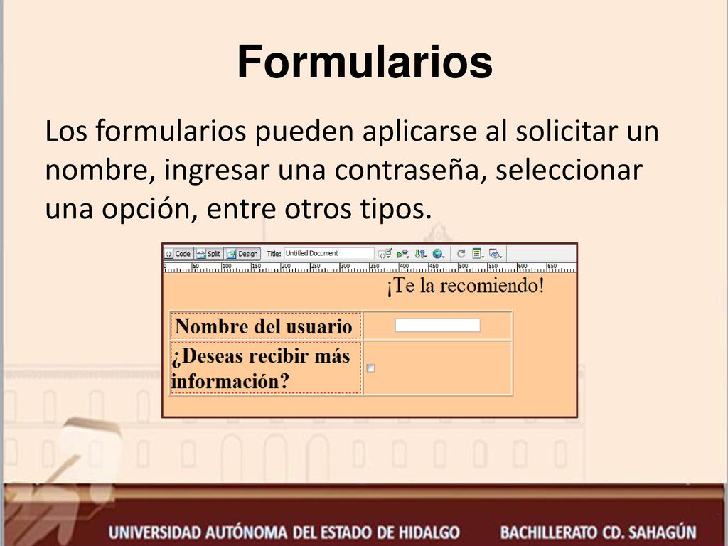Formularios Los formularios pueden aplicarse al solicitar un nombre, ingresar una contraseña, seleccionar una opción, entre otros tipos.