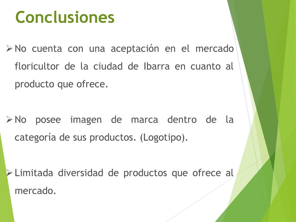 Conclusiones No cuenta con una aceptación en el mercado floricultor de la ciudad de Ibarra en cuanto al producto que ofrece.