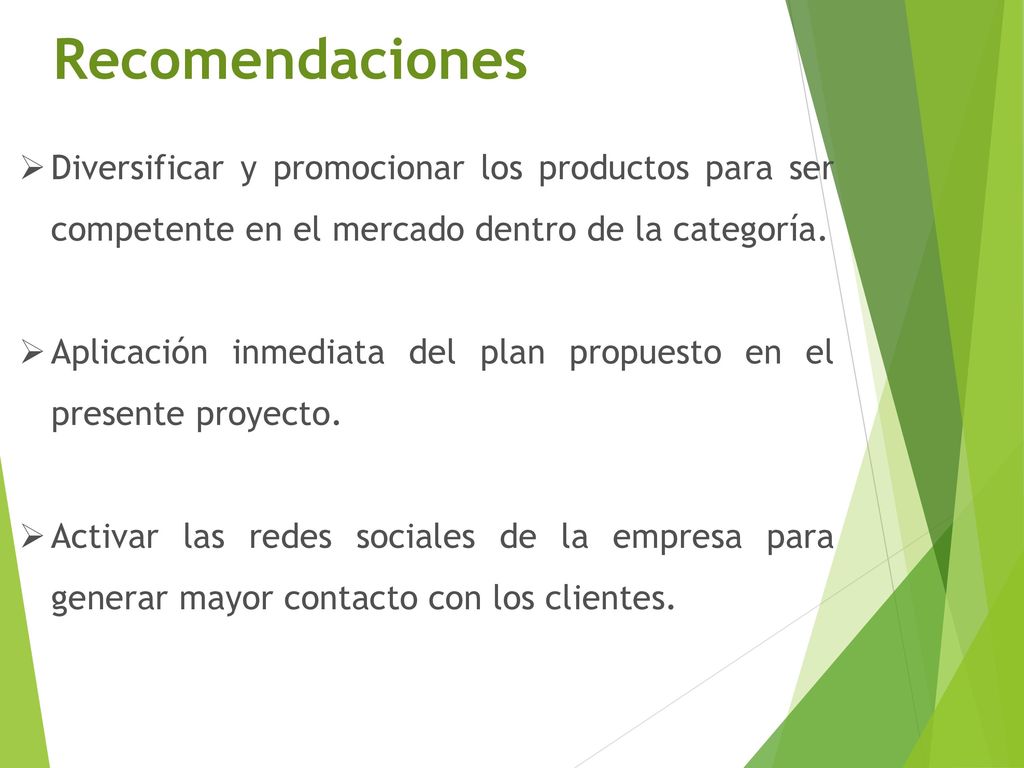 Recomendaciones Diversificar y promocionar los productos para ser competente en el mercado dentro de la categoría.