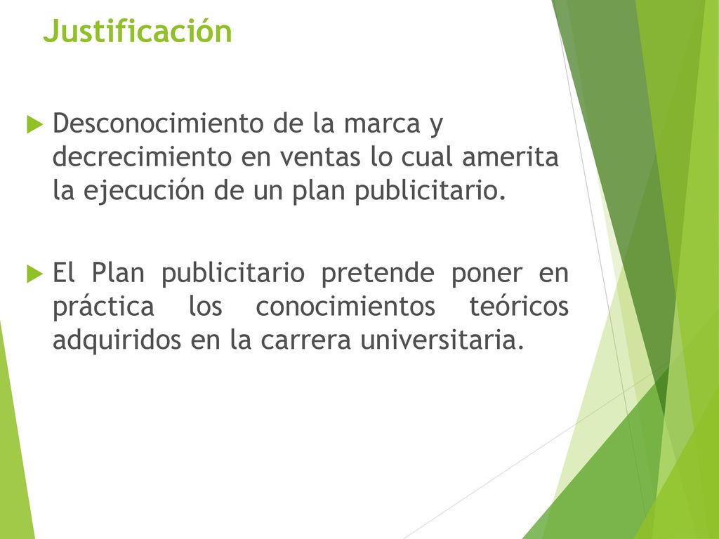 Justificación Desconocimiento de la marca y decrecimiento en ventas lo cual amerita la ejecución de un plan publicitario.