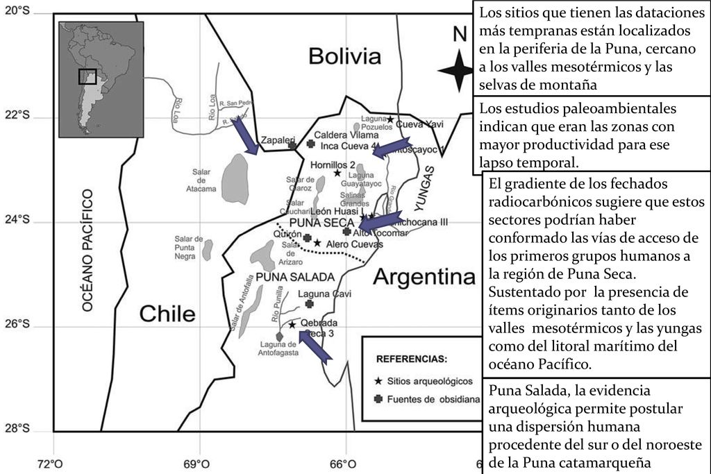 Fechados radiocarbónicos correspondientes al Pleistoceno Final y Holoceno Temprano en sitios arqueológicos de la Puna de Argentina (elaborado por: H. Yacobaccio y M. Morales – 2004).
