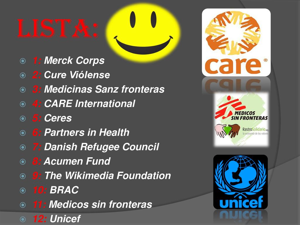 Lista: 1: Merck Corps 2: Cure Viólense 3: Medicinas Sanz fronteras