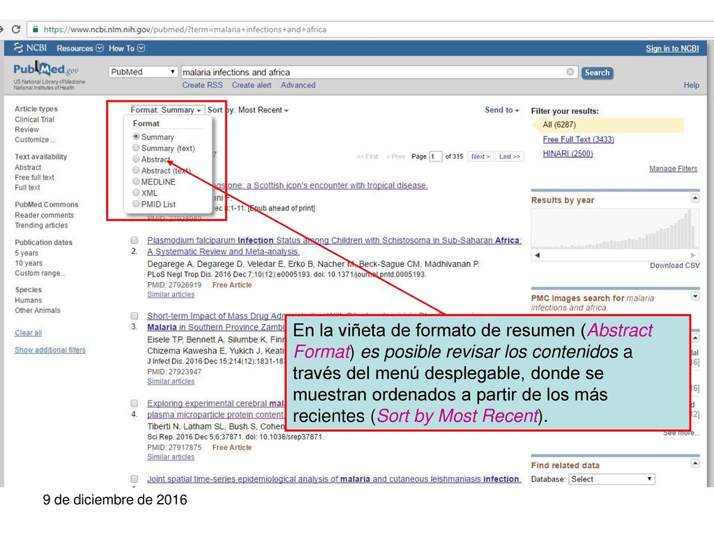 En la viñeta de formato de resumen (Abstract Format) es posible revisar los contenidos a través del menú desplegable, donde se muestran ordenados a partir de los más recientes (Sort by Most Recent).