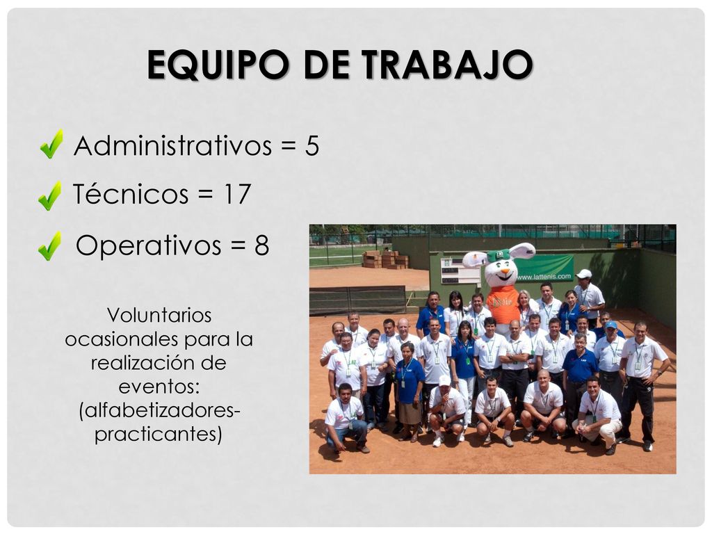 EQUIPO DE TRABAJO Administrativos = 5 Técnicos = 17 Operativos = 8