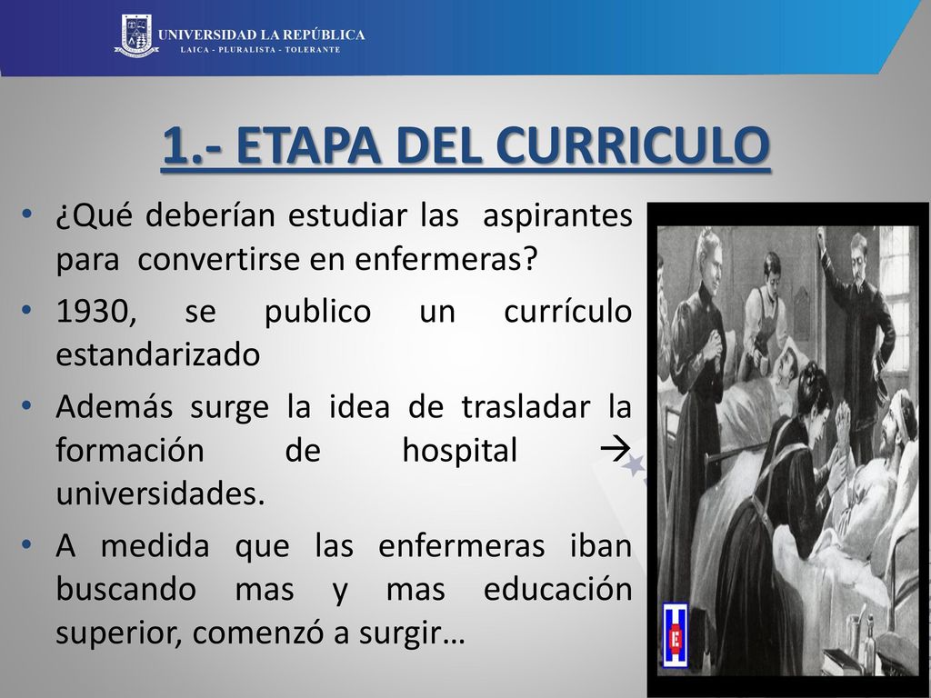 1.- ETAPA DEL CURRICULO ¿Qué deberían estudiar las aspirantes para convertirse en enfermeras 1930, se publico un currículo estandarizado.